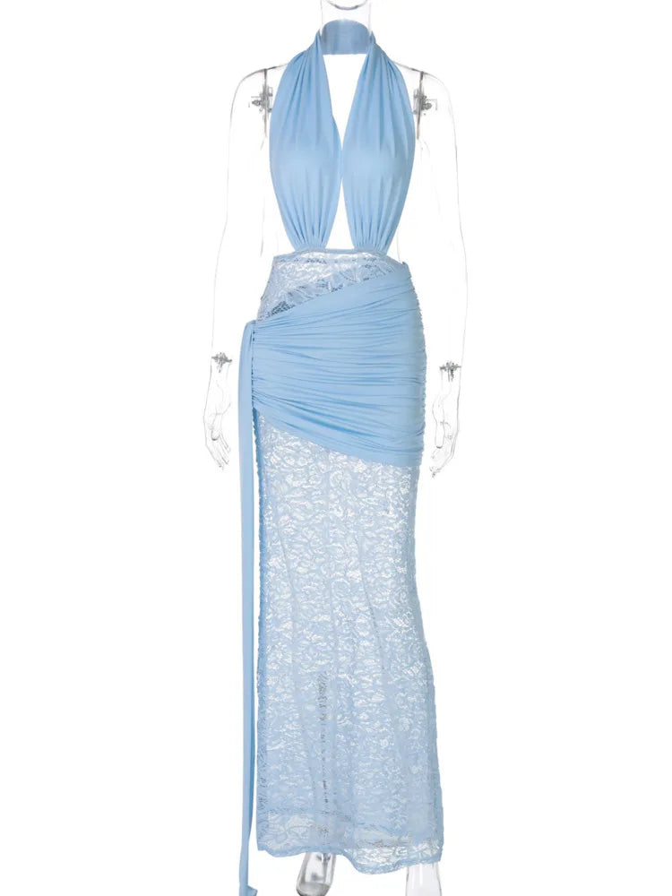 Sexy Hanging Collar Backless Bodycon Party Club Evening Dress Women 2025 Spring/summer New Elegant Lace Patchwork Dress