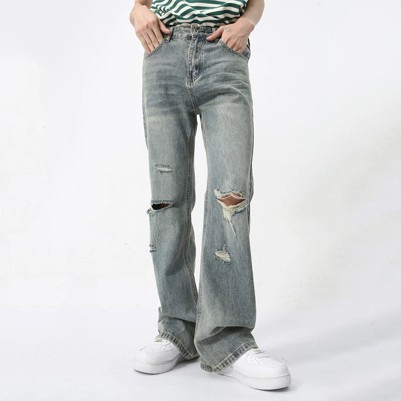 Men's Ripped Jeans High Street Summer Fashion Hip-hop Loose Zipper Opening Design Personality Denim Pants 9C5903