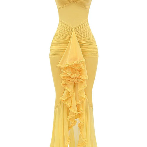 Load image into Gallery viewer, Ruffled Draped Ruched Sexy Maxi Dress For Women Yellow Spaghetti Strap Sleeveless Backless Club Party Sexy Long Dress
