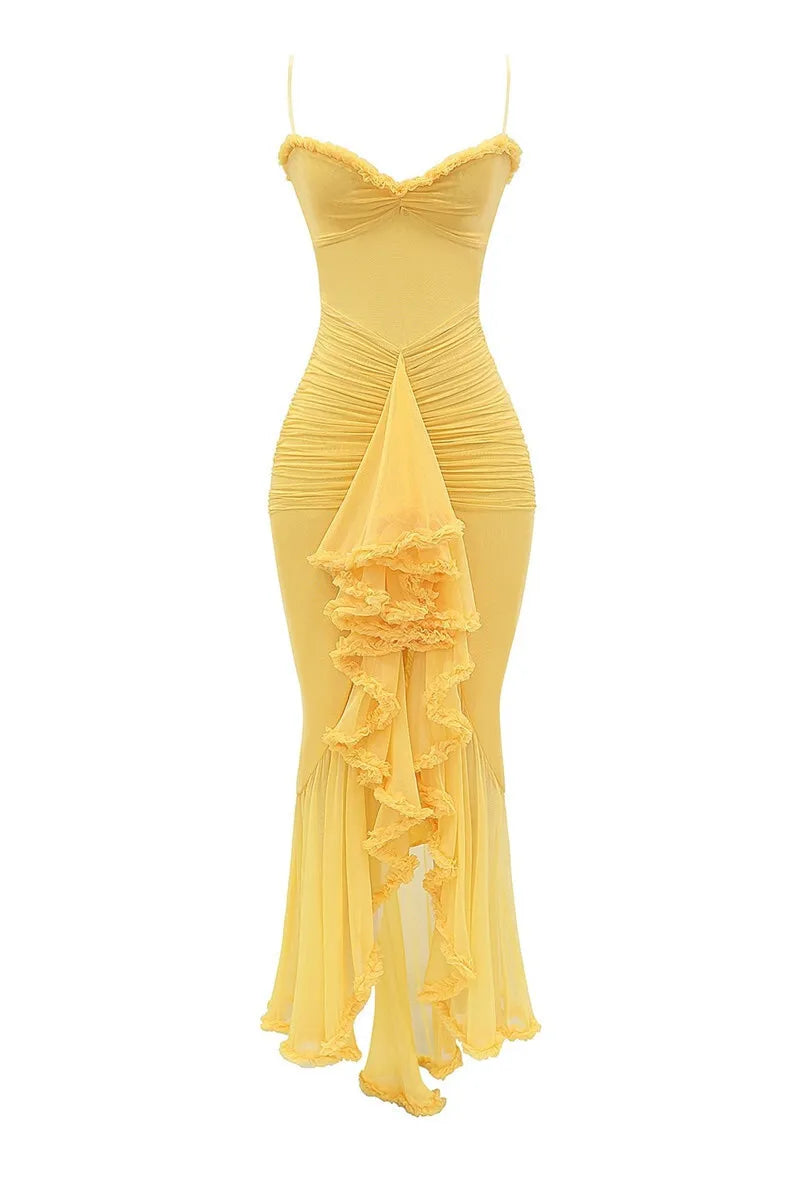Ruffled Draped Ruched Sexy Maxi Dress For Women Yellow Spaghetti Strap Sleeveless Backless Club Party Sexy Long Dress