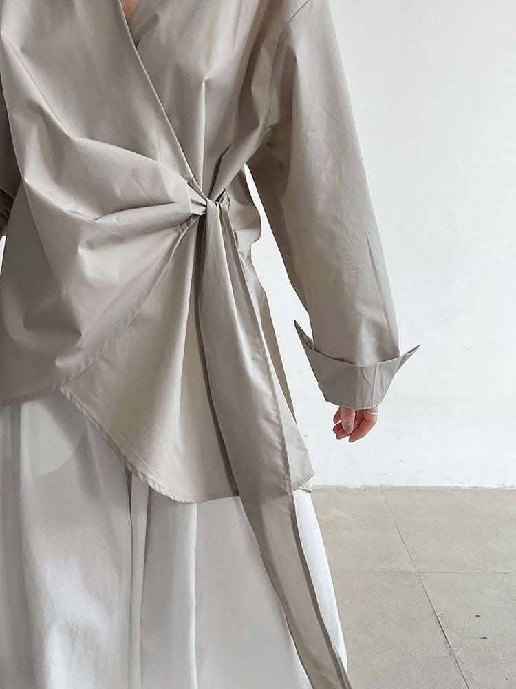 Women Black Bandage Elegant Irregular Big Size Blouse New V-neck Long Sleeve Shirt Fashion Tide Spring Autumn 2025 1DJ0509