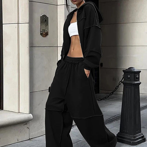 Load image into Gallery viewer, Sporty Women 2 Piece Set Casual Tracksuit Panelled Stripes Simple Hipster Hooded Zip Jacket+Wide Pants Matching Suits
