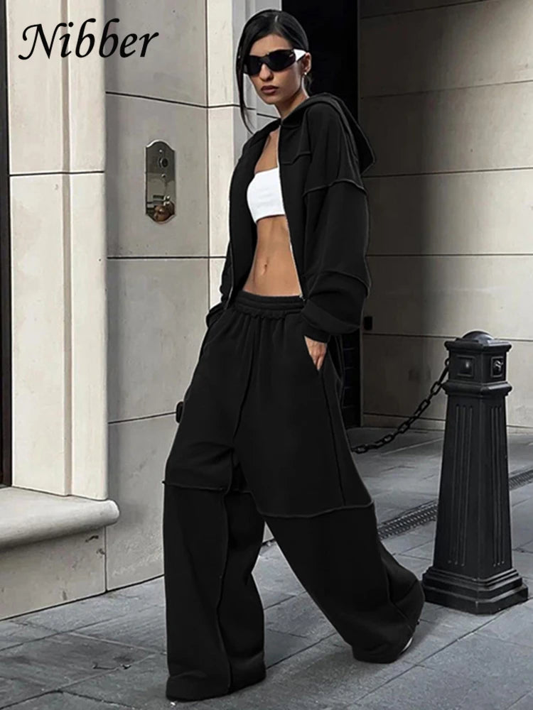 Sporty Women 2 Piece Set Casual Tracksuit Panelled Stripes Simple Hipster Hooded Zip Jacket+Wide Pants Matching Suits