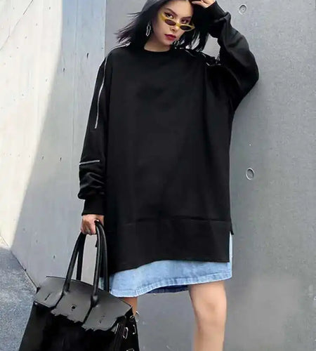 Women Black Denim Hem Zipper Big Size Casual Long T-shirt New Round Neck Long Sleeve Fashion Spring Autumn 2025 1DF6030