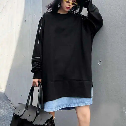 Load image into Gallery viewer, Women Black Denim Hem Zipper Big Size Casual Long T-shirt New Round Neck Long Sleeve Fashion Spring Autumn 2025 1DF6030

