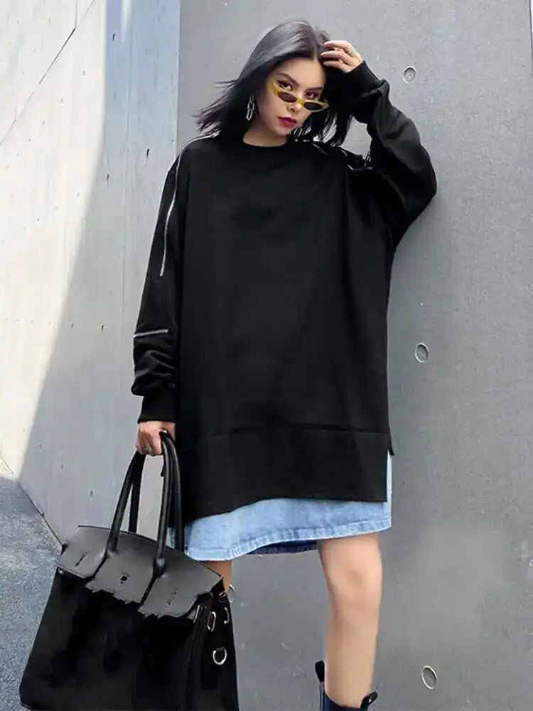 Women Black Denim Hem Zipper Big Size Casual Long T-shirt New Round Neck Long Sleeve Fashion Spring Autumn 2025 1DF6030
