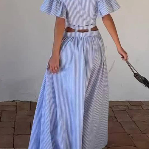 Load image into Gallery viewer, Hit Color Hollow Out Spliced Striped Fashion Dresses for Women Lapel Short Sleeves Patchwork Button Dress Female
