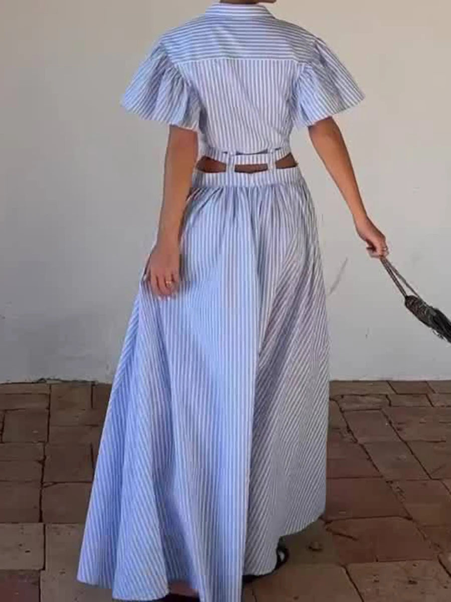 Hit Color Hollow Out Spliced Striped Fashion Dresses for Women Lapel Short Sleeves Patchwork Button Dress Female