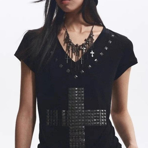 Load image into Gallery viewer, 2025 Y2k Aesthetic Women Casual T-shirt Vintage Cross Beading Streetwear Grunge Tshirts Harajuku Gothic Loose Vintage Tees Femme
