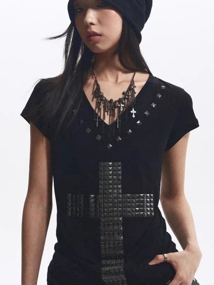 2025 Y2k Aesthetic Women Casual T-shirt Vintage Cross Beading Streetwear Grunge Tshirts Harajuku Gothic Loose Vintage Tees Femme