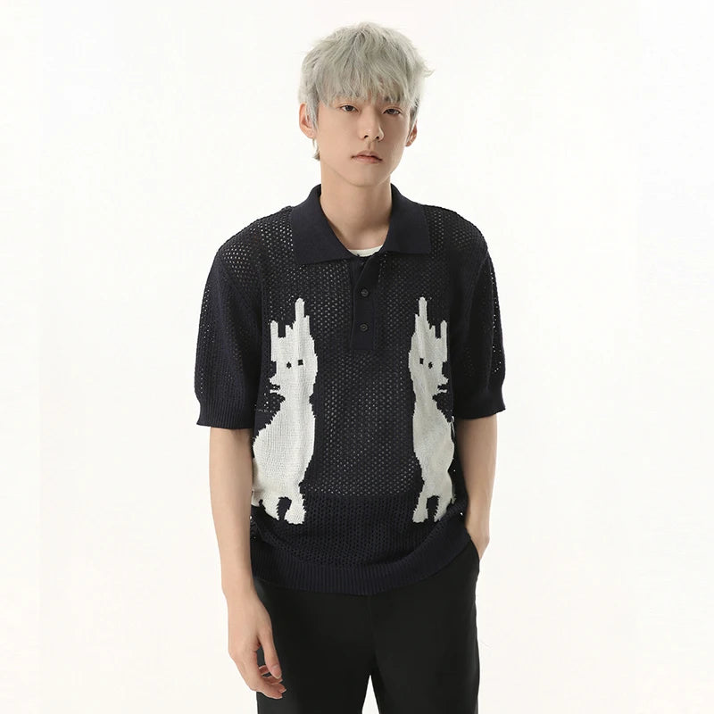 Contrast Color Men's Tees Cartoon Design Niche Turn-down Collar Knitting Tops Short Sleeve Casual Male T-shirts Tide 9W1255