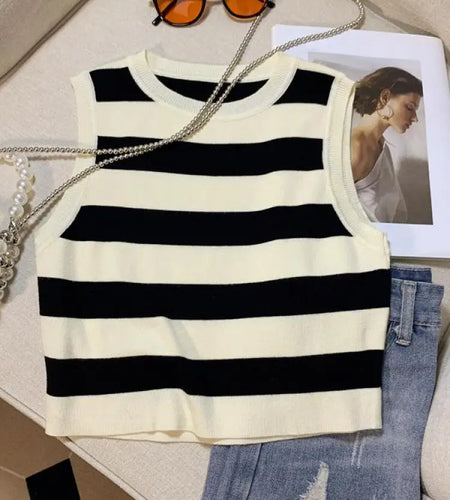 Vintage Chic Round-neck Striped Patchwork Knitted Sleeveless Women's Vest Korean Fashion Summer 2024 Female Clothing Tank Tops