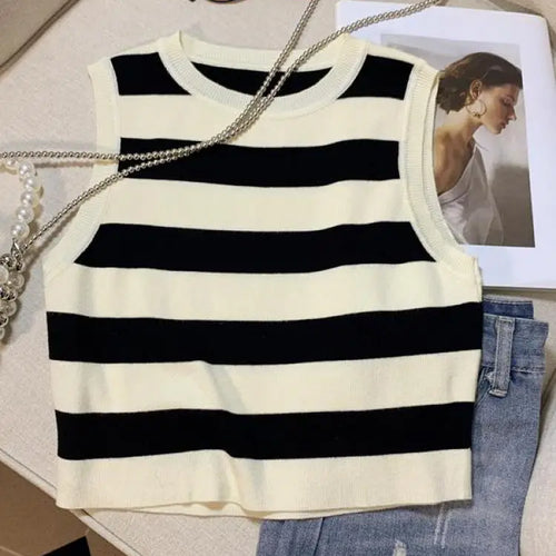 Load image into Gallery viewer, Vintage Chic Round-neck Striped Patchwork Knitted Sleeveless Women&#39;s Vest Korean Fashion Summer 2024 Female Clothing Tank Tops
