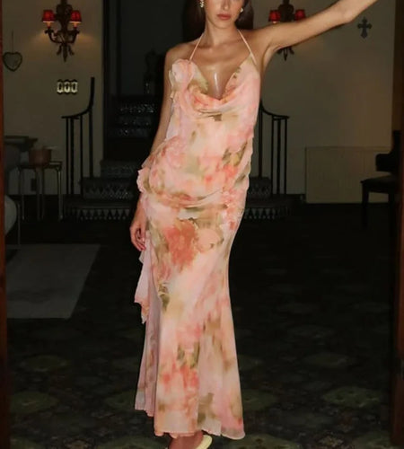 Halter Print Ruffle Sexy Maxi Dress Women Gown Summer New Fashion Sleeveless Backless Ruched Beach Club Party Dress