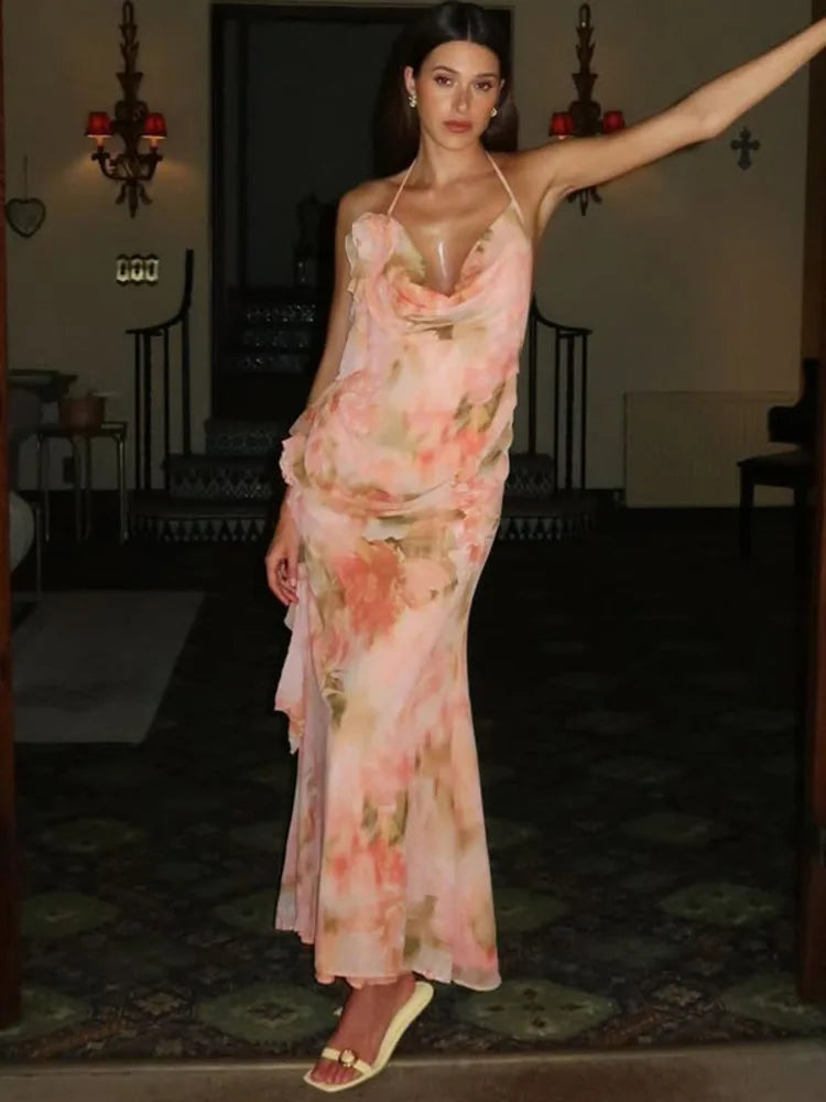 Halter Print Ruffle Sexy Maxi Dress Women Gown Summer New Fashion Sleeveless Backless Ruched Beach Club Party Dress