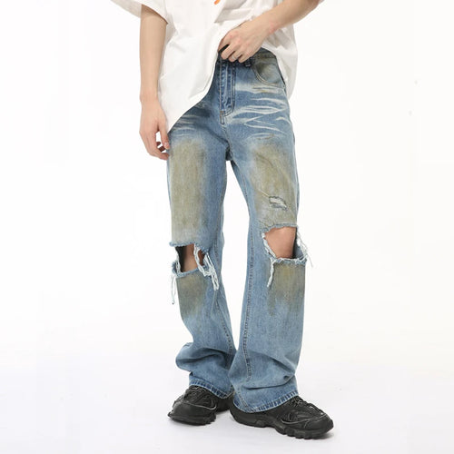 Load image into Gallery viewer, Niche Style Male Denim Pants New Worn-out Hole Contrast Color Stright Jeans Casual Wide Leg Men&#39;s Trousers Summer 9C6507
