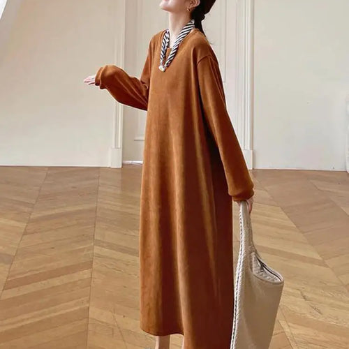 Load image into Gallery viewer, Autumn Winter Round Neck Vacation Knit Dress Korean Fashion Women's Loose Long Sleeved Sweatshirt Dress Ladies Casual Simplicity
