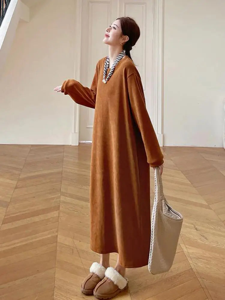 Autumn Winter Round Neck Vacation Knit Dress Korean Fashion Women's Loose Long Sleeved Sweatshirt Dress Ladies Casual Simplicity