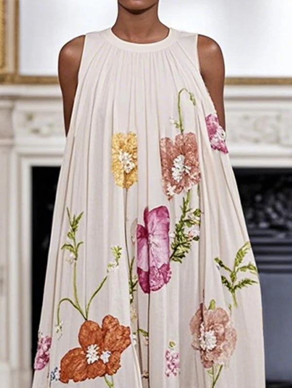 Summer Vacations Sleeveless Maxi Dresses Women 2025 Floral Printed Pleated Woman Elegant Vintage Evening Long Dresses