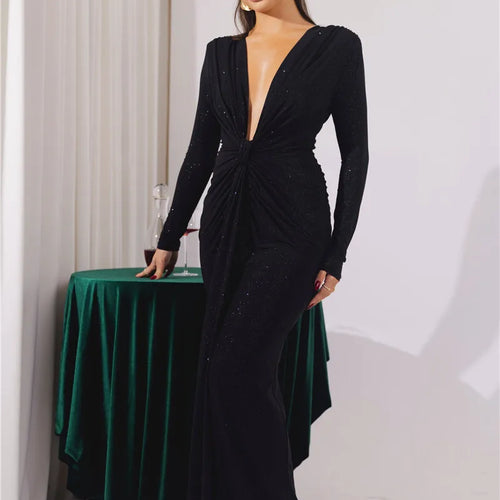 Load image into Gallery viewer, Glitter Deep V Neck Sexy Maxi Dress For Women Elegant Sparkle Long Sleeve Ruched Bodycon Split Club Party Sexy Dress
