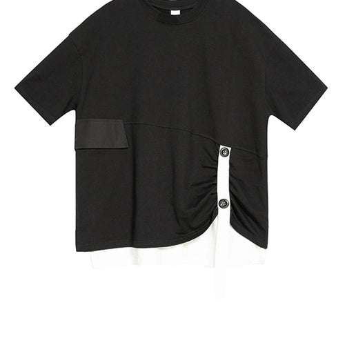 Load image into Gallery viewer, Women Black Button Ribbon Color-block Big Size T-shirt New Round Neck Short Sleeve Fashion Tide Spring Summer 2025 1DJ1751
