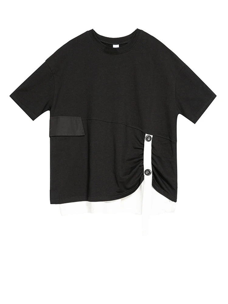 Women Black Button Ribbon Color-block Big Size T-shirt New Round Neck Short Sleeve Fashion Tide Spring Summer 2025 1DJ1751