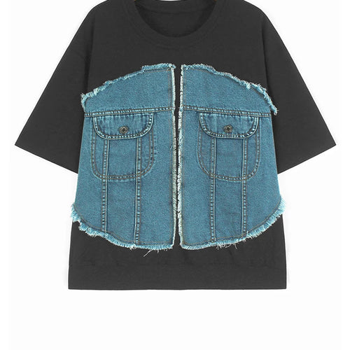 Load image into Gallery viewer, Women Gray Denim Burr Spliced Big Size Casual T-shirt New Round Neck Short Sleeve Fashion Tide Spring Summer 2025 1DJ1232

