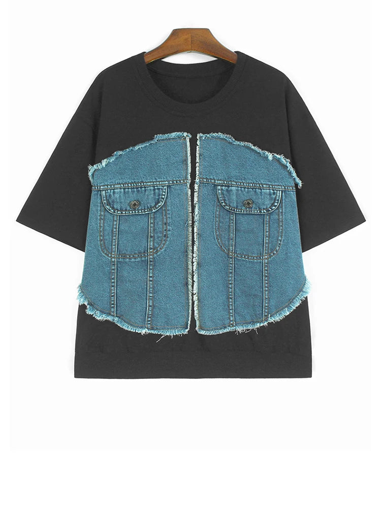 Women Gray Denim Burr Spliced Big Size Casual T-shirt New Round Neck Short Sleeve Fashion Tide Spring Summer 2025 1DJ1232