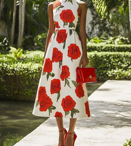 Woman Flower Print Midi Dresses Summer Skinny Stand Collar Elegant Vintage Romantic Evening Dress for Women