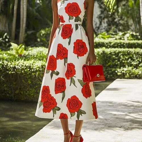 Load image into Gallery viewer, Woman Flower Print Midi Dresses Summer Skinny Stand Collar Elegant Vintage Romantic Evening Dress for Women
