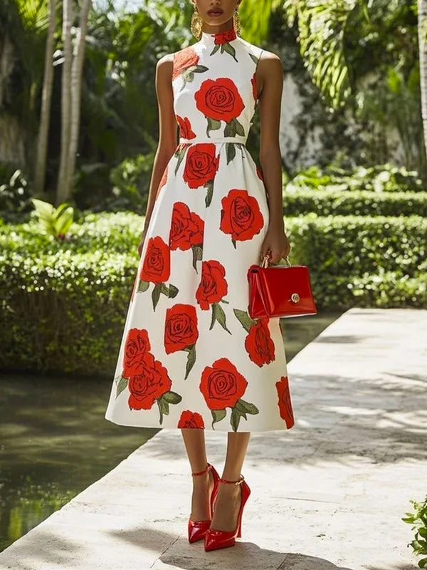 Woman Flower Print Midi Dresses Summer Skinny Stand Collar Elegant Vintage Romantic Evening Dress for Women