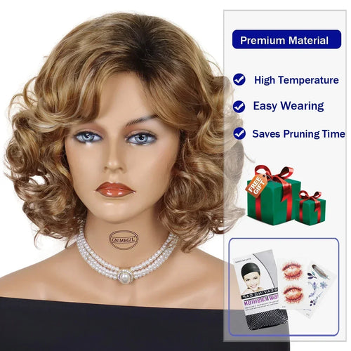 Load image into Gallery viewer, Mommy Wigs Short Synthetc Hair Brown Curly Wig with Side Bangs Dark Roots Ombre Wig Natural Hairstyles Older Lady Hairs
