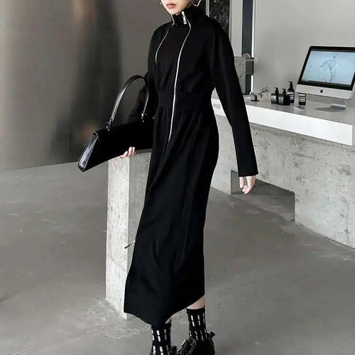 Load image into Gallery viewer, Women Black Zipper Irregular Hem Slit Midi Dress New Turtleneck Long Sleeve Fashion Tide Spring Autumn 2025 1DH9354
