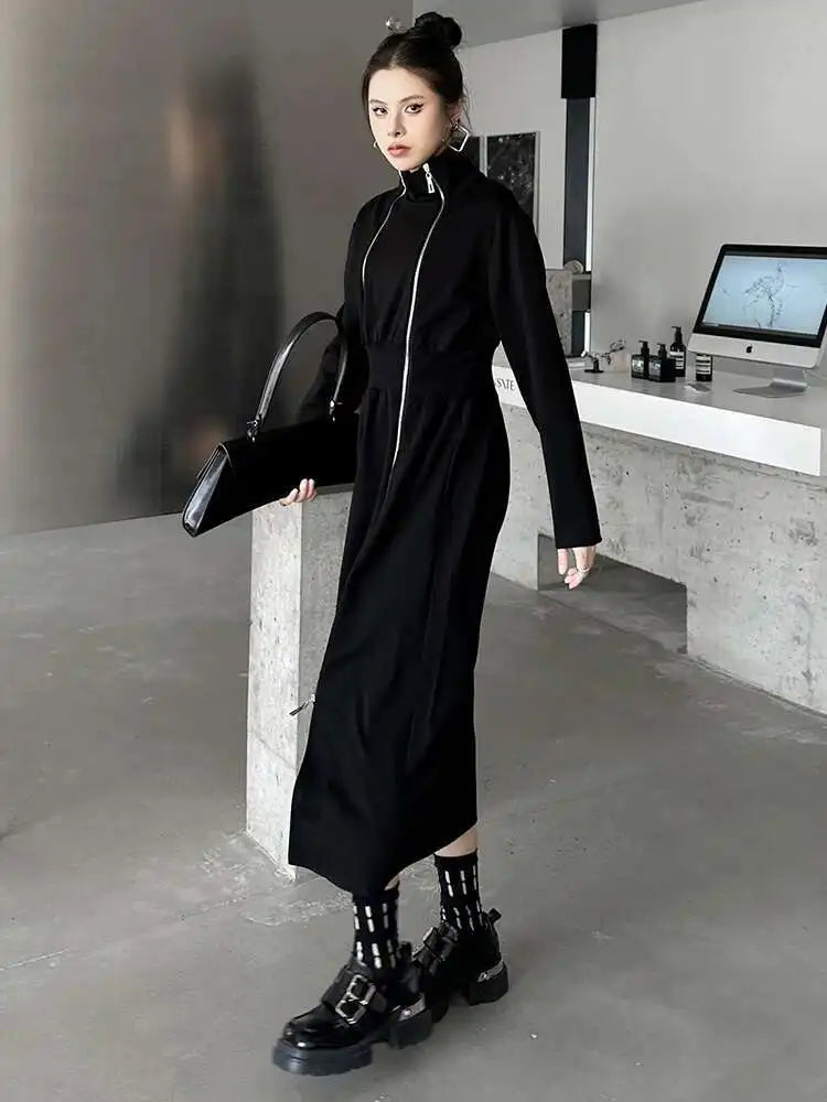 Women Black Zipper Irregular Hem Slit Midi Dress New Turtleneck Long Sleeve Fashion Tide Spring Autumn 2025 1DH9354