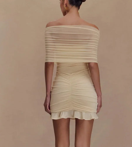 Elegant Off Shoulder Mesh Patchwork Elastic Tight Skirt Women Sexy Sleeveless Ruffle Mini Dress Female Party Dress 2025