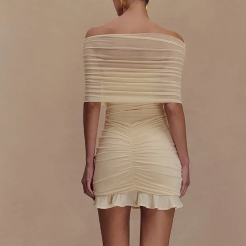 Load image into Gallery viewer, Elegant Off Shoulder Mesh Patchwork Elastic Tight Skirt Women Sexy Sleeveless Ruffle Mini Dress Female Party Dress 2025
