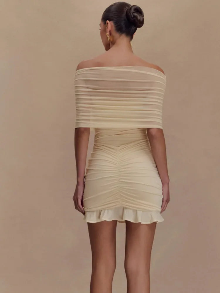 Elegant Off Shoulder Mesh Patchwork Elastic Tight Skirt Women Sexy Sleeveless Ruffle Mini Dress Female Party Dress 2025