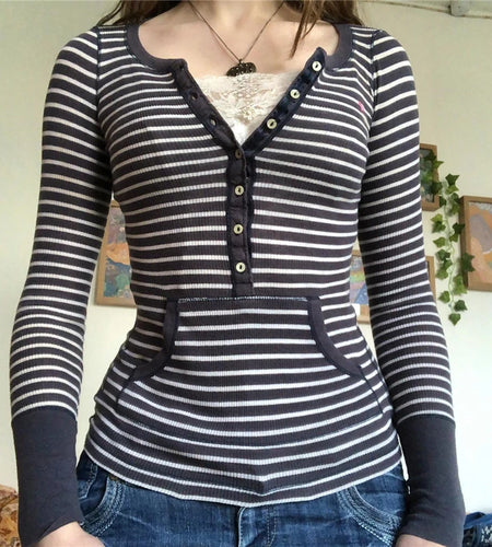 Women T Shirt y2k Aesthetic Striped Button Long Sleeve Tops with Pocket 2000s Clothing Slim Soft Tee Sweats Streetwear