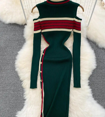 Elegant Stripe Patchwork Off Shoulder Long Sleeve Knit Bodycon Split Pencil Dress Slim Basic Fashion Button Sweater Dress Winter