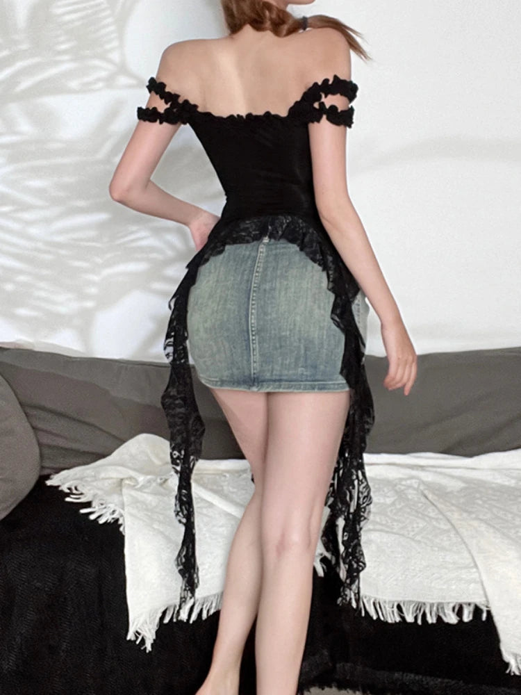 Sexy Hollow Out Bandage Streetwear T-shirts Y2k Aesthetic Irregular Lace Patchwork Tees Harajuku Vintage Slash Neck Tops Women