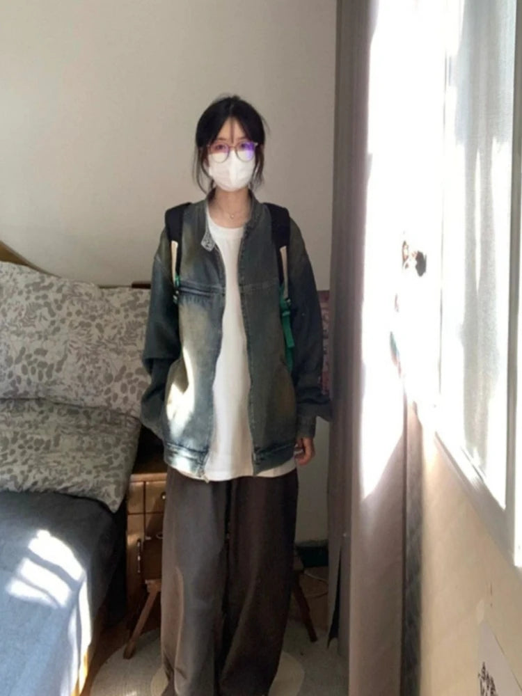 Streetwear Loose Casual Vintage Jeans Coats Cowboy Women Zipper Denim Jackets 2025 Y2k Aesthetic Grunge Fairy Harajuku Tops