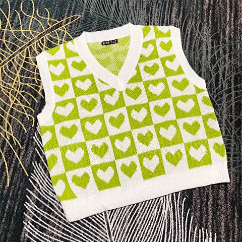 Load image into Gallery viewer, Classic Heart Plaid Knitted Sweater Vest Women 9 Colors Crop Loose Waistcoat Y2k Harajuku Autumn Hip Hop Knitwear Tops
