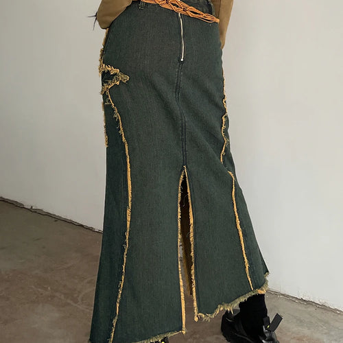Load image into Gallery viewer, Asymmetrical Vintage Star Stitching Low Waist Denim Skirt Women Tassel Y2K Midi Skirt Split Cute Aesthetic Outfits
