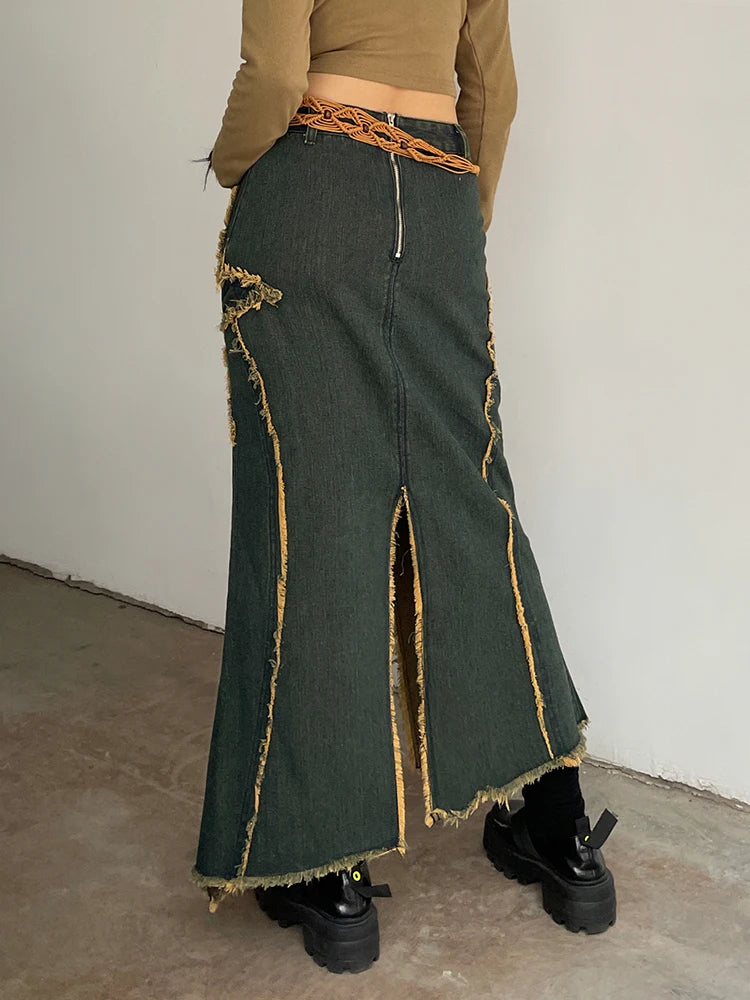 Asymmetrical Vintage Star Stitching Low Waist Denim Skirt Women Tassel Y2K Midi Skirt Split Cute Aesthetic Outfits