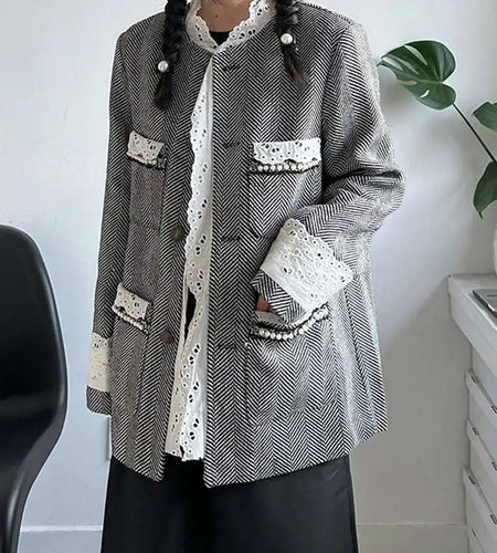 Women Black Lace Elegant Vintage Big Size Blazer New Stand Collar Long Sleeve Jacket Fashion Spring Autumn 2025 1DH4867