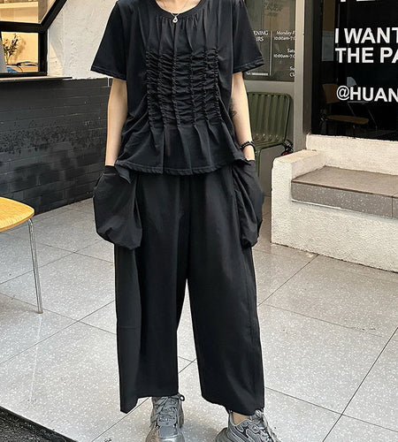 Women Black White Pleated Big Size Casual T-shirt New Round Neck Short Sleeve Fashion Tide Spring Summer 2025 1DJ1611