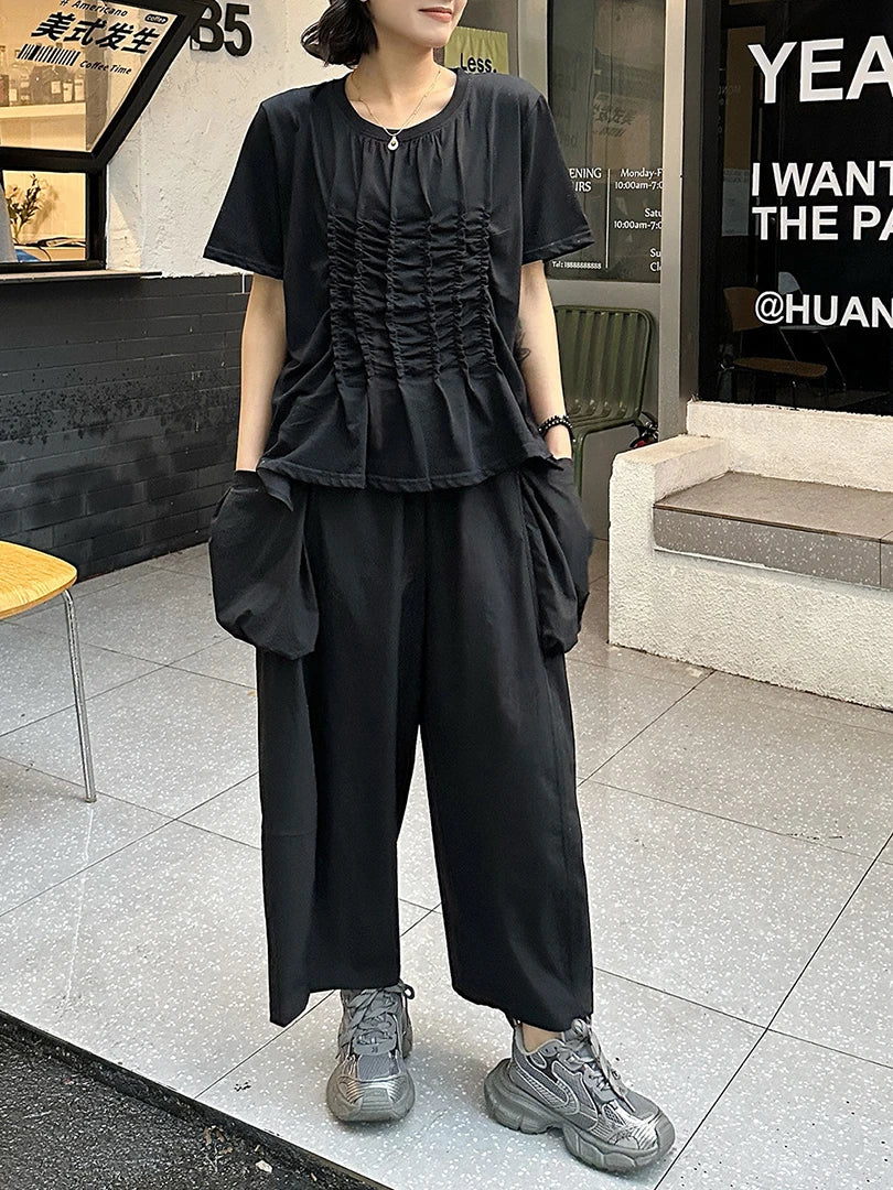 Women Black White Pleated Big Size Casual T-shirt New Round Neck Short Sleeve Fashion Tide Spring Summer 2025 1DJ1611
