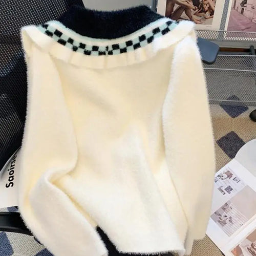 Load image into Gallery viewer, French Vintage Black White Patchwork Mink Sweater Women's 2024 Autumn Winter New Elegant Long Sleeve Cardigan Knit Tops Fashion
