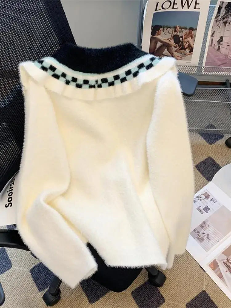 French Vintage Black White Patchwork Mink Sweater Women's 2024 Autumn Winter New Elegant Long Sleeve Cardigan Knit Tops Fashion