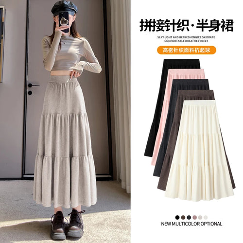 Load image into Gallery viewer, Vintage Women Solid High Waist Versatile Pleated A-line Long Skirts 2024 Autumn Winter French Sweet Cake Knit Skirt Streetwear
